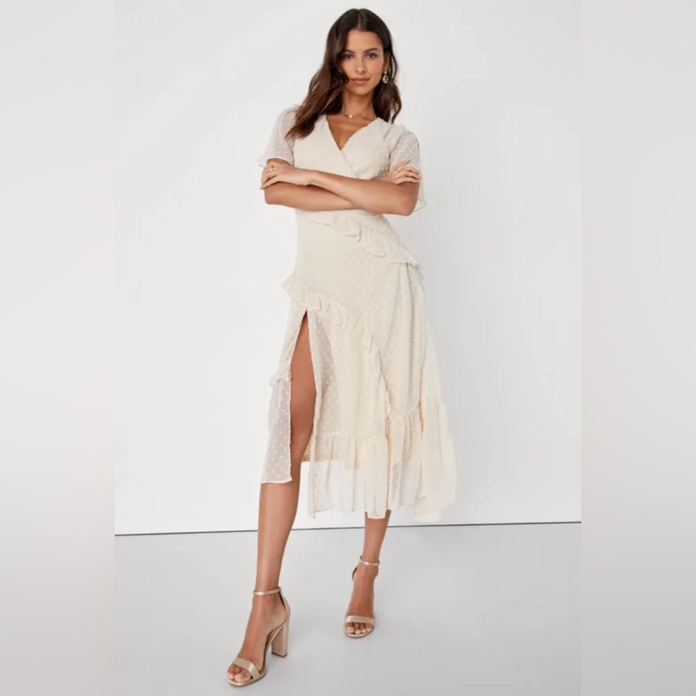 Lulus - Next To You Cream Swiss Dot Ruffled Midi Dress - S